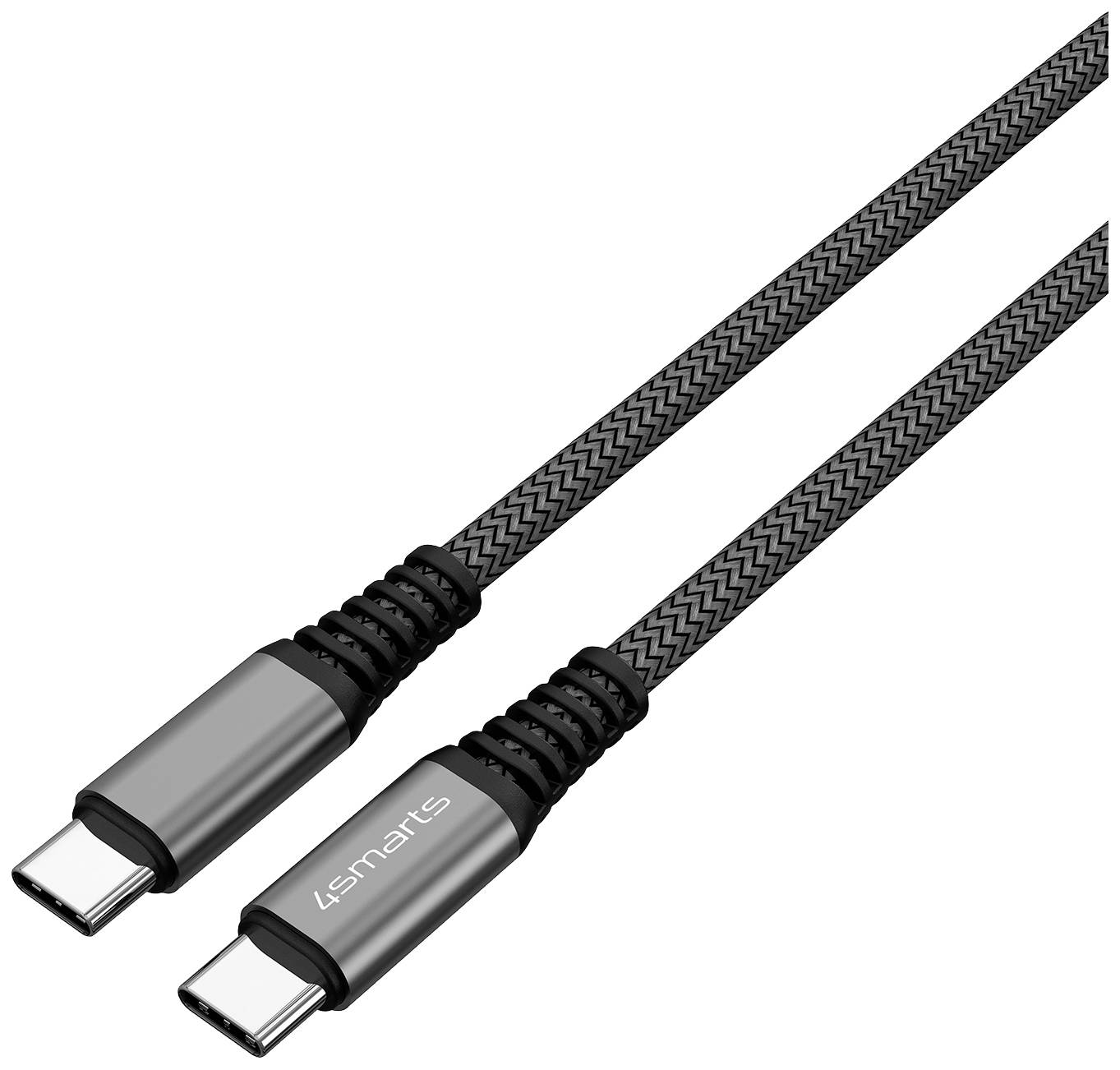 USB-C-kabel met gevlochten behuizing en opdruk '4smarts', geschikt voor opladen en gegevensoverdracht.