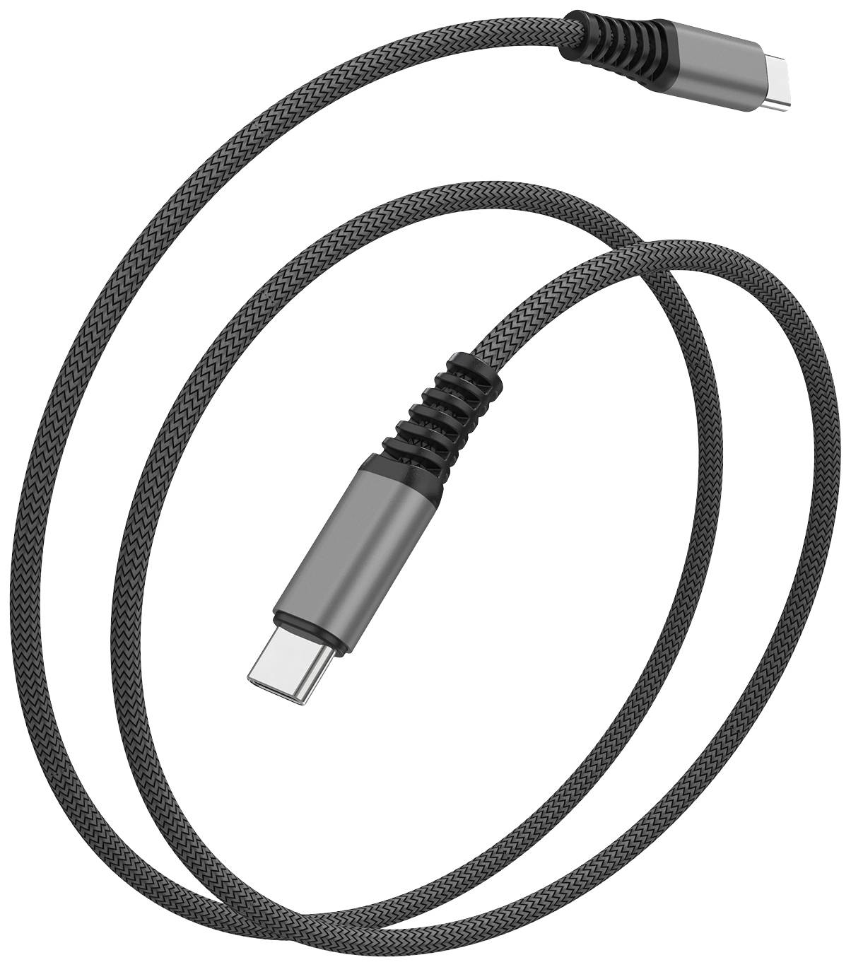Zwart USB-C-kabel met metalen connectoren, geschikt voor opladen en gegevensoverdracht voor elektronische apparaten.