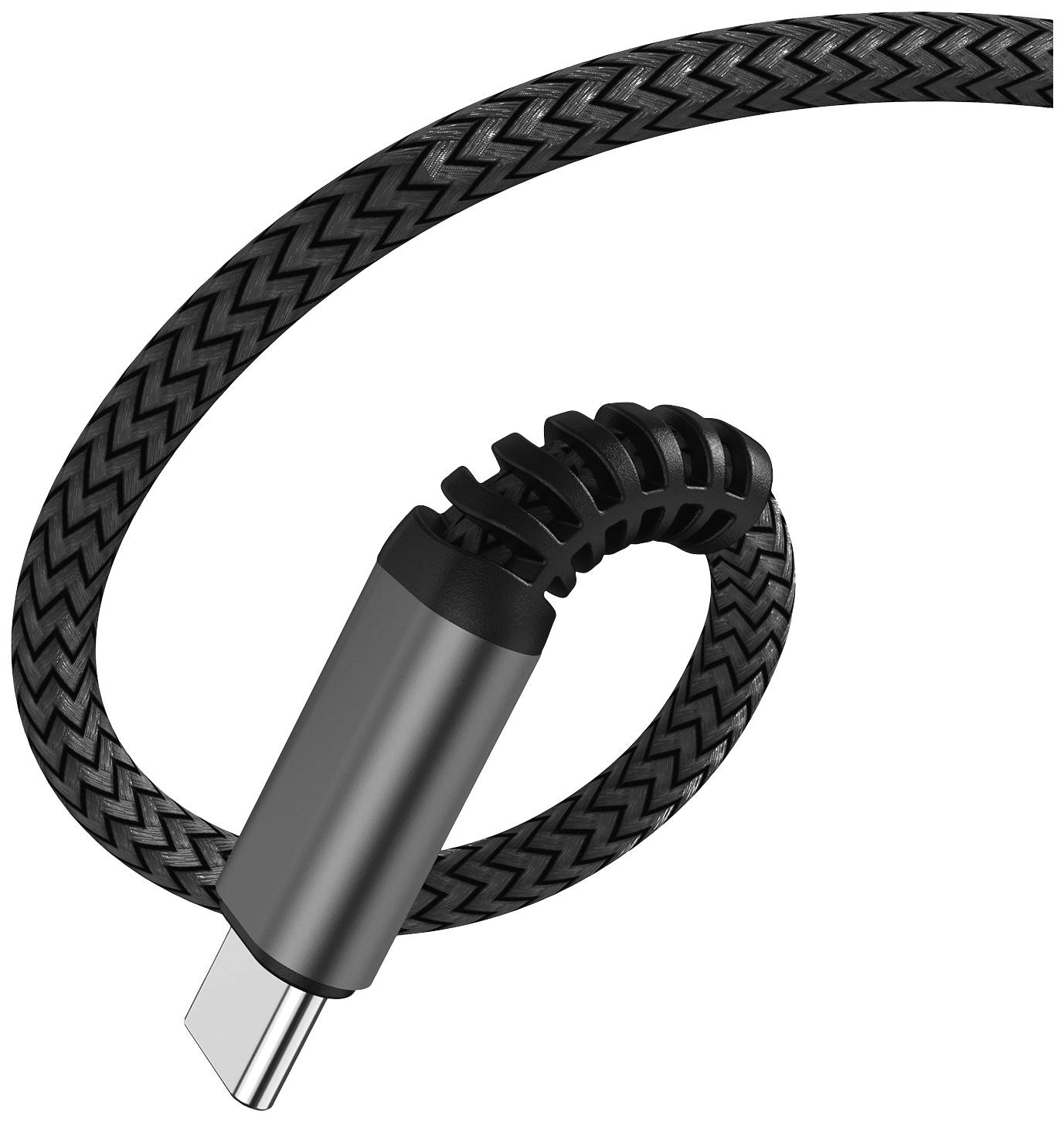 Een USB-C-kabel met gevlochten ontwerp dat een slingerende lus vormt. Het heeft een robuuste uitstraling en versterkte uiteinden.