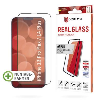 Schermbeschermfolie 'Displex Real Glass' voor iPhone 13 Pro Max/14 Plus. Verpakking toont productafbeelding en montage-instructies.