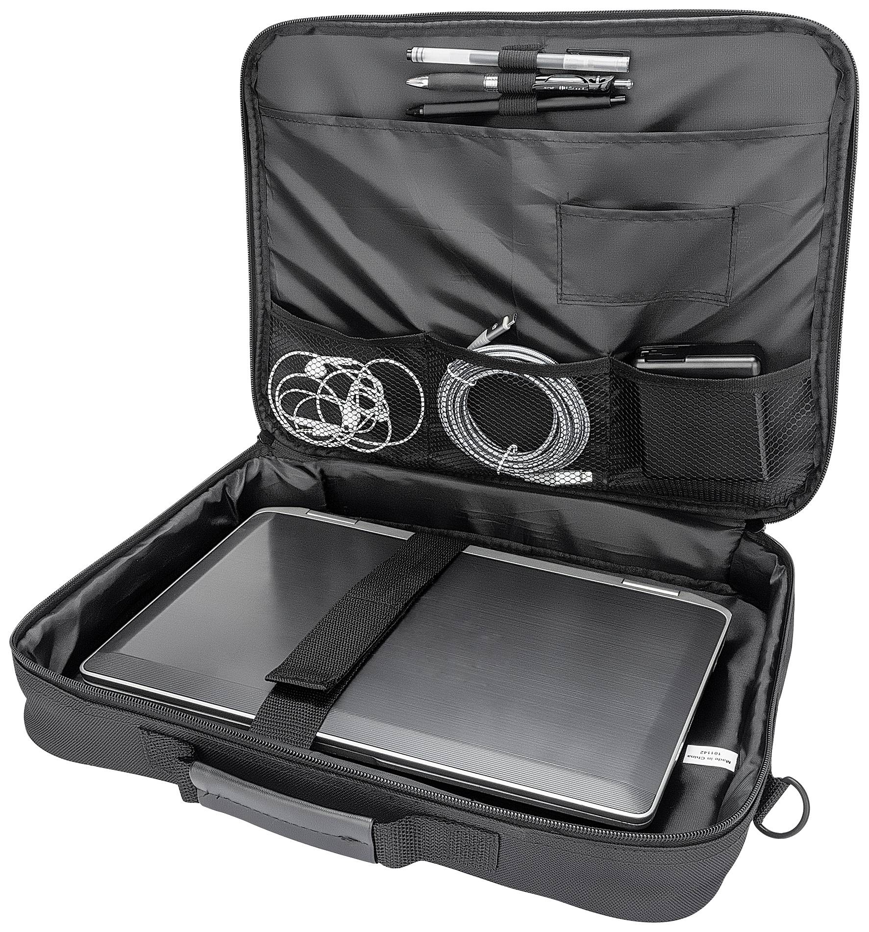 Zwarte laptoptas met open rits en vakken; een laptop is veilig opgeborgen in het hoofdvak. Kabels, pennen en kleine accessoires zijn netjes georganiseerd.