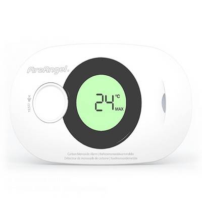 Een koolmonoxide-alarmtoestel met digitaal display toont '24°C MAX'. Apparaat van het merk FireAngel, bestemd voor het bewaken van de luchtkwaliteit.
