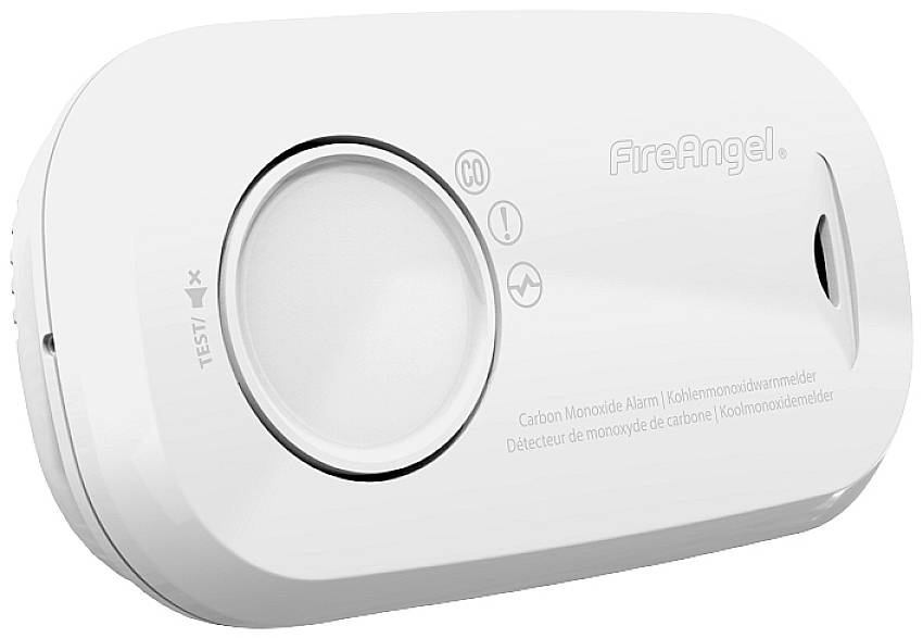 Koolmonoxide-detector met testknop en LED-indicatie. Merknaam 'FireAngel' aan de bovenzijde.