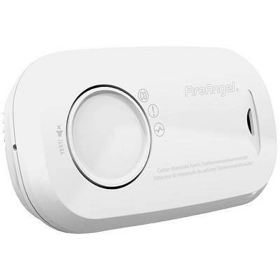 Koolmonoxide-detector met testknop en LED-indicatie. Merknaam 'FireAngel' aan de bovenzijde.