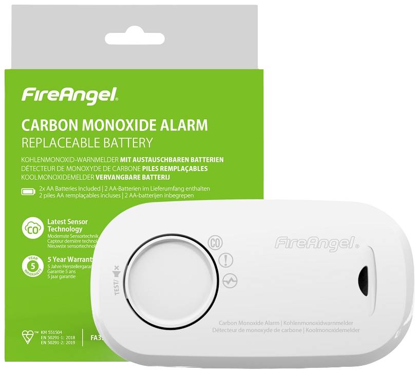 'FireAngel Koolmonoxide-melder met verwisselbare batterij' in het Groen. Afbeelding van een witte melder eronder.