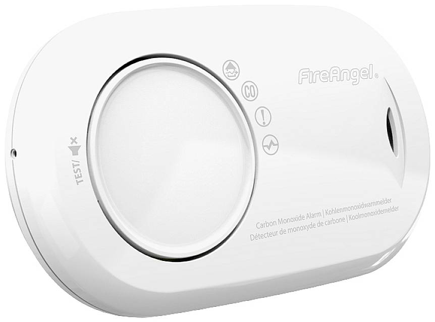 Een koolmonoxide-alarmtoestel van FireAngel met testknop. De symbolen geven waarschuwingen voor CO-gas, akoestische en visuele alarmen aan.