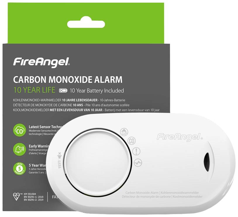 Koolmonoxide-detector van FireAngel met 10 jaar batterijlevensduur. Bevat waarschuwingen en certificeringen op de verpakking.