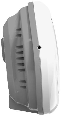 Zijaanzicht van een grijs en wit elektronisch apparaat met ventilatiesleuven, waarschijnlijk geschikt voor wandmontage.