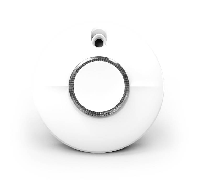 Een ronde, witte rookmelder met een centrale knop en een kleine sensor bovenaan. Geschikt voor plafondmontage voor rookdetectie.