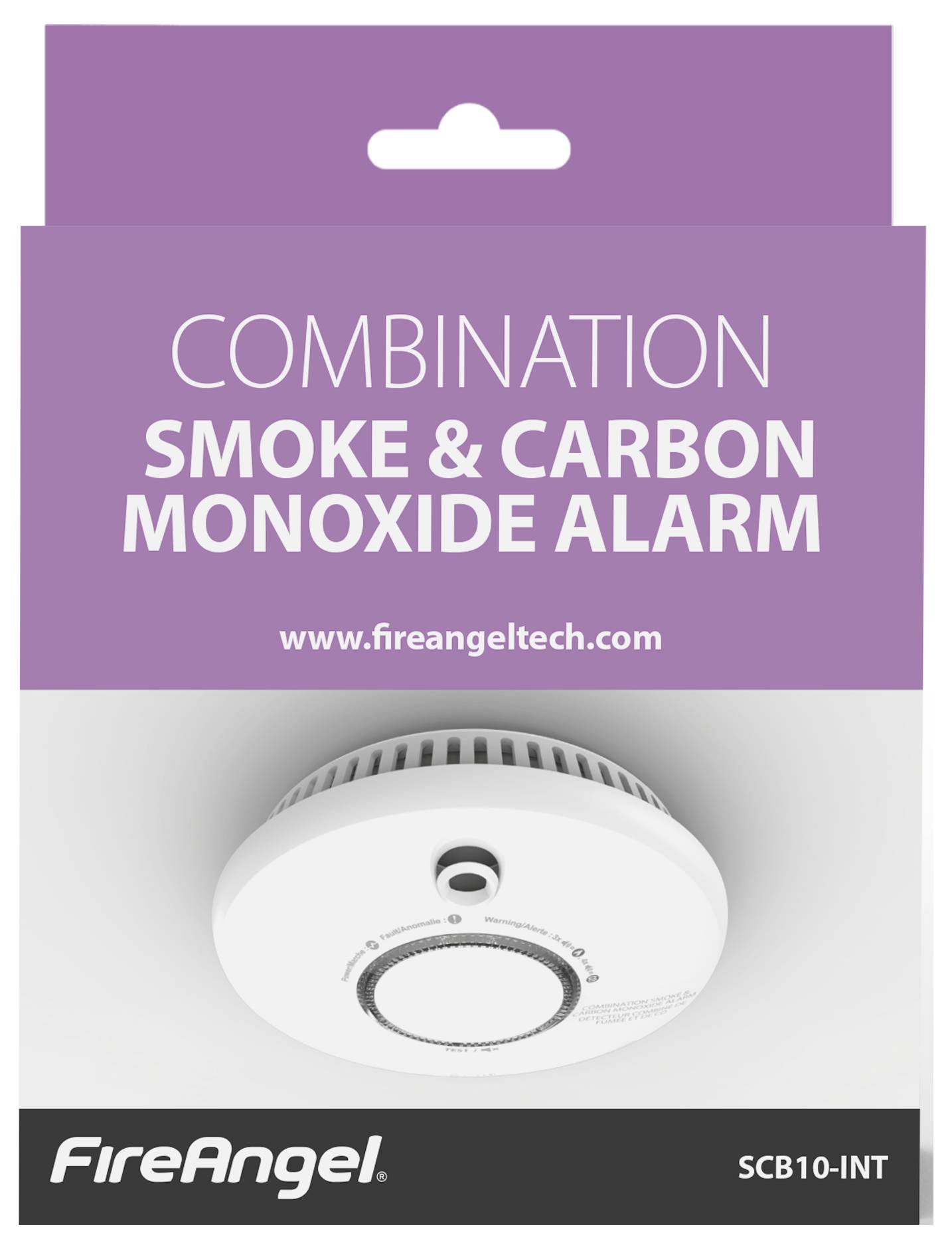 Gecombineerde rookmelder en koolmonoxidemelder van FireAngel. Toont productverpakking met productafbeelding en website-URL.
