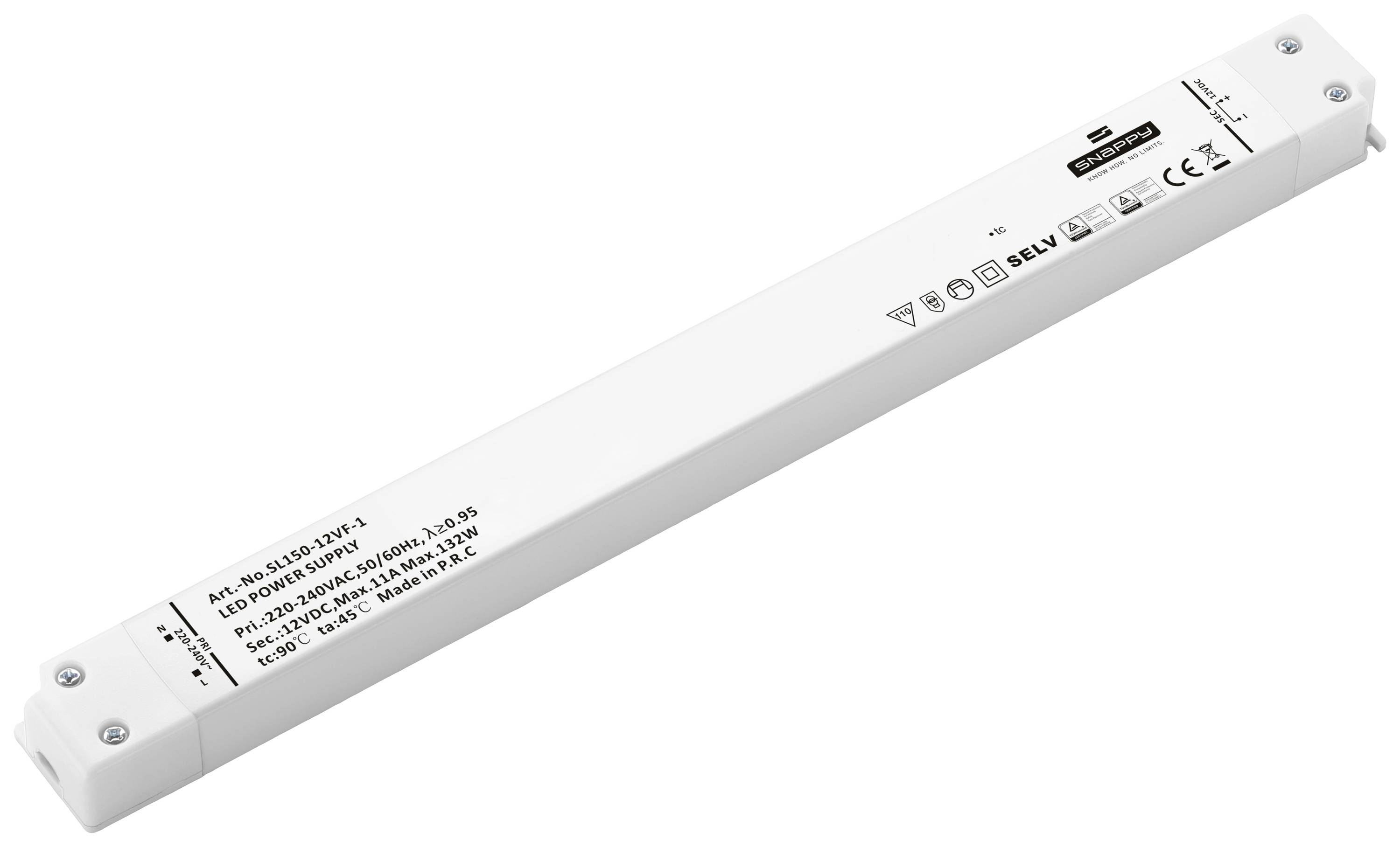 Een wit, rechthoekig elektronisch apparaat met technische specificaties en veiligheidssymbolen op het oppervlak.