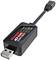 Zwart USB-oplaadapparaat met Traxxas-logo, LED-indicatoren voor status. Apparaat is geschikt voor het opladen van 2S LiPo-batterijen.