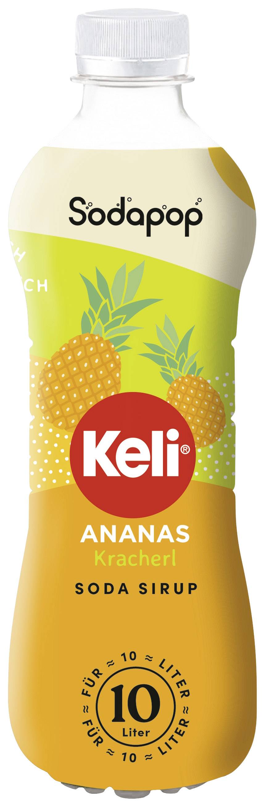 Fles van een ananas-siroop van het merk 'Keli', geschikt voor het bereiden van maximaal 10 liter drank.