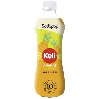 Fles van een ananas-siroop van het merk 'Keli', geschikt voor het bereiden van maximaal 10 liter drank.