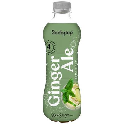 Een groene plastic fles Sodapop Soda Siroop in de smaak Ginger Ale, met afbeelding van citroenschijfjes en muntblaadjes.