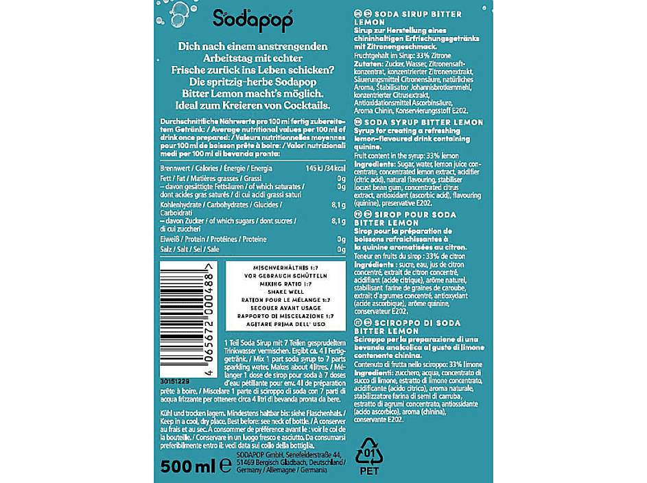 Achterkant van een soda-verpakking met voedingswaarde-informatie, ingrediëntenlijst, fabrikantadres en waarschuwingen in meerdere talen.