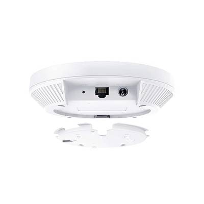 Een ronde, witte WiFi-toegangspunt met Ethernet- en stroomaansluiting, gezien van onderen. Geschikt voor plafondmontage.