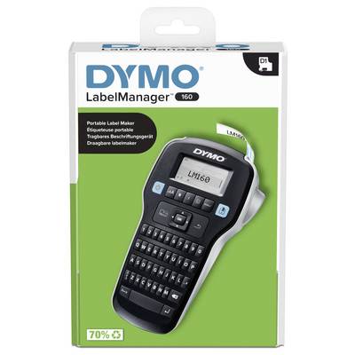 'DYMO LabelManager 160', draagbaar labelapparaat afgebeeld op een groene achtergrond. Verpakking toont apparaat met een digitaal display en toetsenbord.