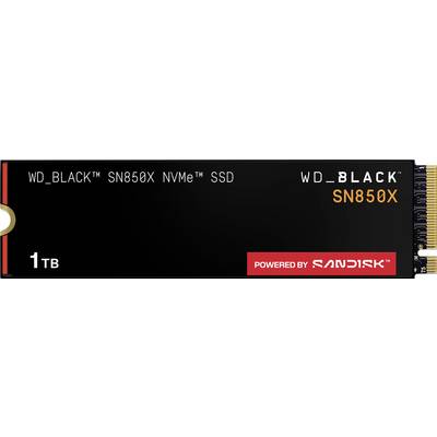 WD_BLACK SN850X NVMe SSD, 1TB. Zwart ontwerp met branding en 'Powered by SanDisk'.