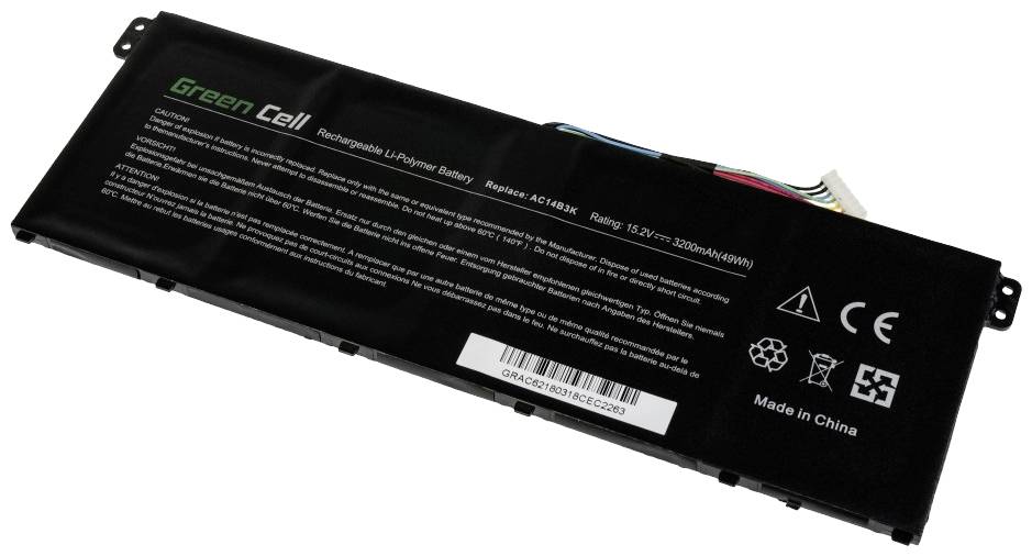 Lithium-ion accu met opschrift 'Green Cell', modelaanduiding, spanning en capaciteit. Veiligheids- en recyclingsymbolen zichtbaar.