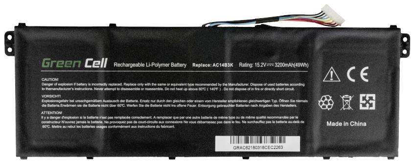 Oplaadbare Li-Polymeer batterij van Green Cell met een nominale spanning van 15,2V en 3200mAh. Waarschuwingen en fabrikant 'Made in China'.