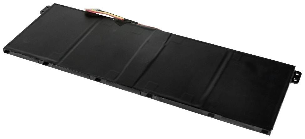 Een rechthoekige, platte laptopbatterij met meerdere cellen en een kabelaansluiting aan één zijde.