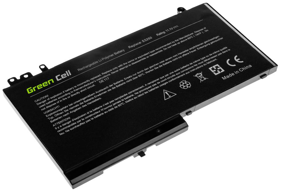 Zwarte Green Cell Lithium-Polymeer Accu met modelnummer, veiligheids- en recyclinginformatie, vervaardigd in China.