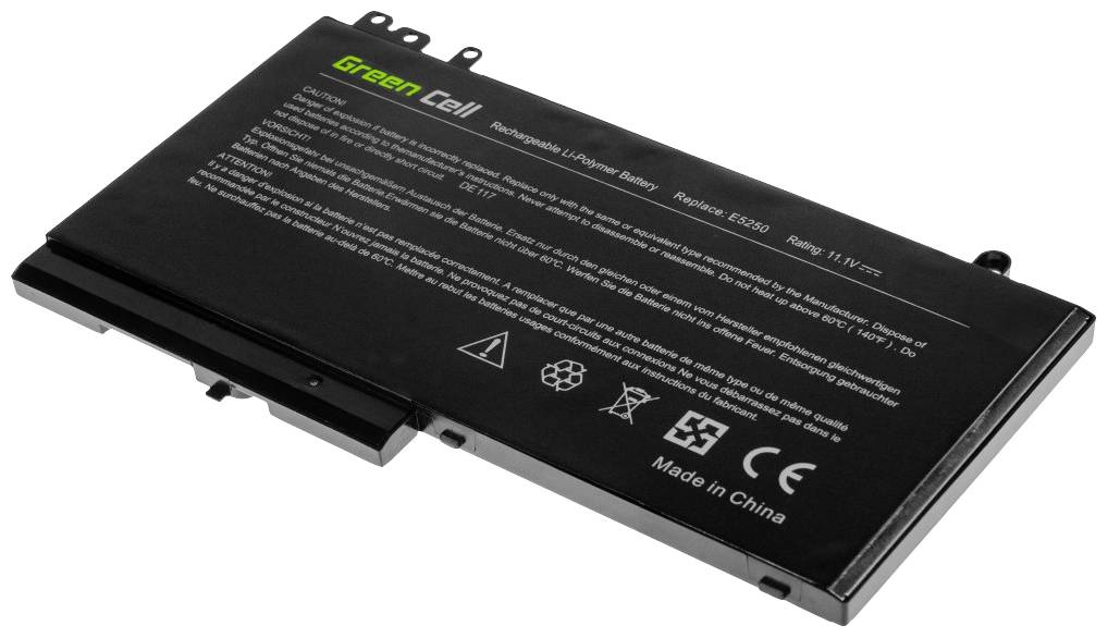Zwarte lithium-ion accu van Green Cell. Opschrift bevat technische specificaties en symbolen voor recycling en afvalverwerking.