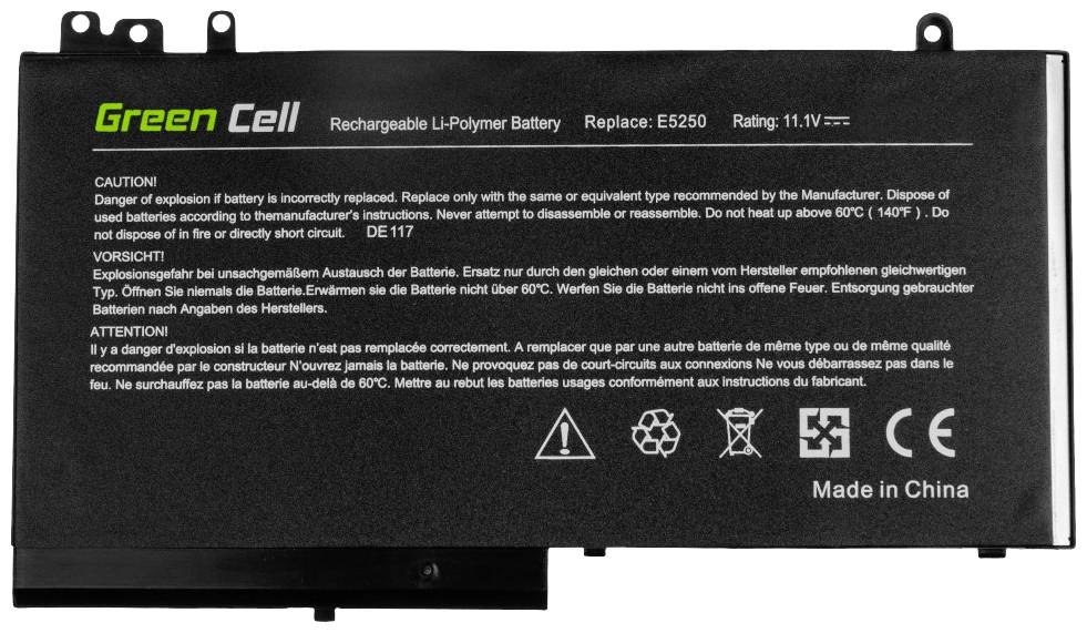 'Green Cell' Lithium-Polymeer-Batterij, Model E5250, Nominale spanning 11,1V. Waarschuwingen in het Duits en Engels. Gefabriceerd in China.