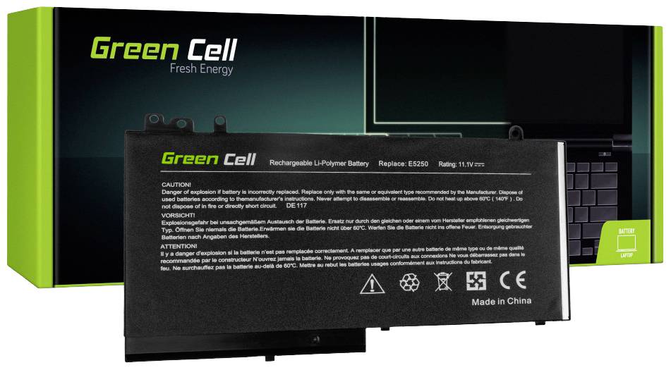 Accumulator pack op groene kartonnen doos met opschrift 'Green Cell'. Op de accu zijn voorzorgsmaatregelen in meerdere talen gedrukt.