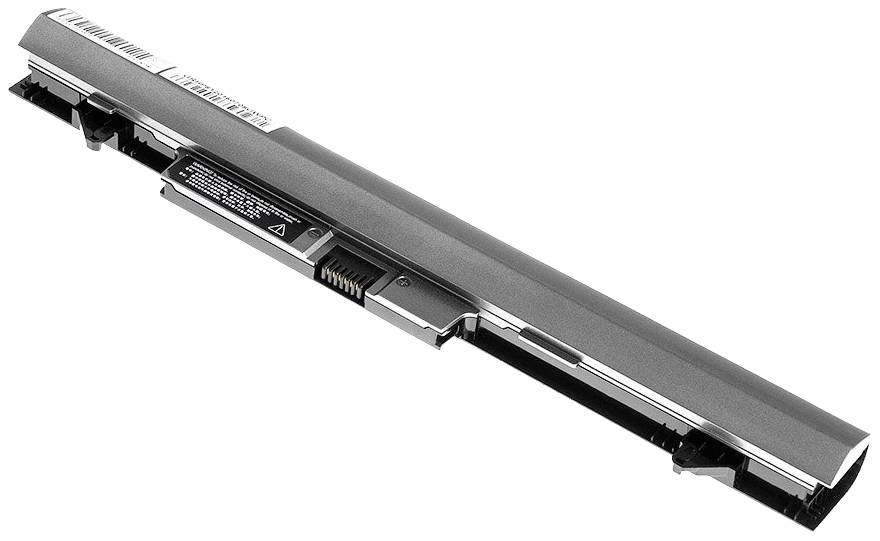 Een laptopaccu in cilindrische vorm, grijs-zwart, met aansluitcontacten in het midden en tekstlabels op het oppervlak.