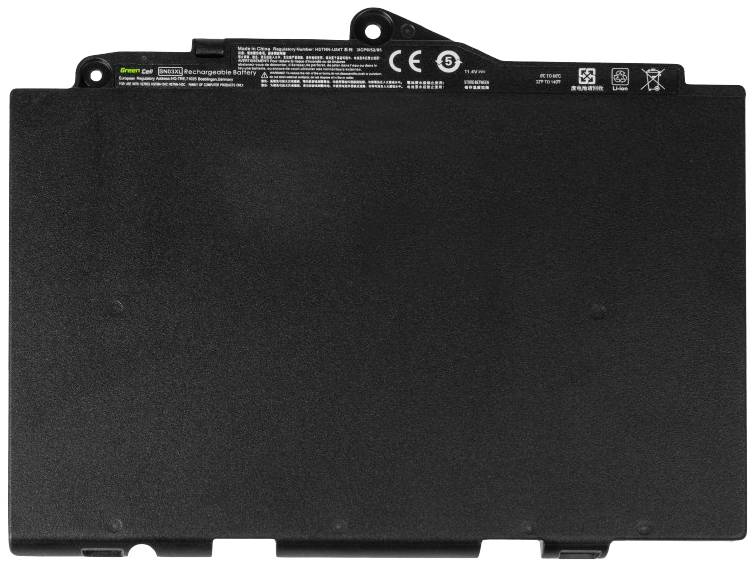 Een zwarte, rechthoekige laptop-accu met zichtbare technische details en symbolen bovenop.