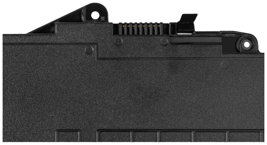 Een zwarte laptopbatterij met aansluitcontacten bovenaan in een rechthoekige behuizing.