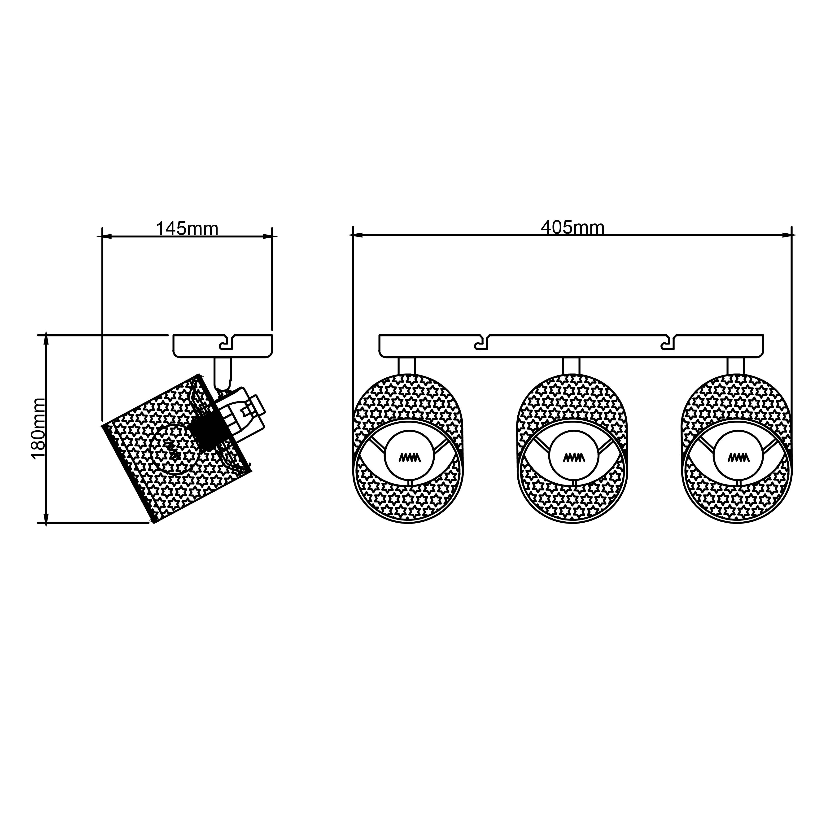 Technische tekening van een driedelige plafondspot met afmetingen: 145 mm breedte per straleneenheid, totale lengte 405 mm, hoogte 180 mm.
