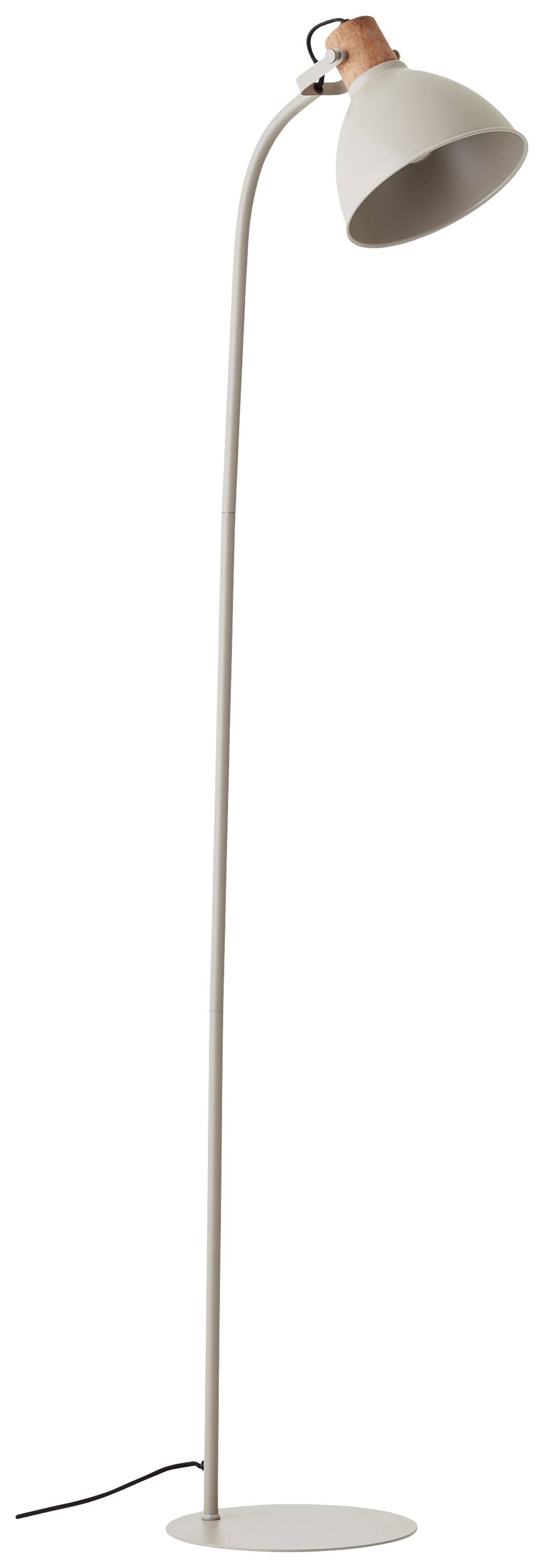 Een moderne, slanke staande lamp met een gebogen hals en een lichte lampenkap op een rond voetstuk. Ideaal voor leeshoeken.