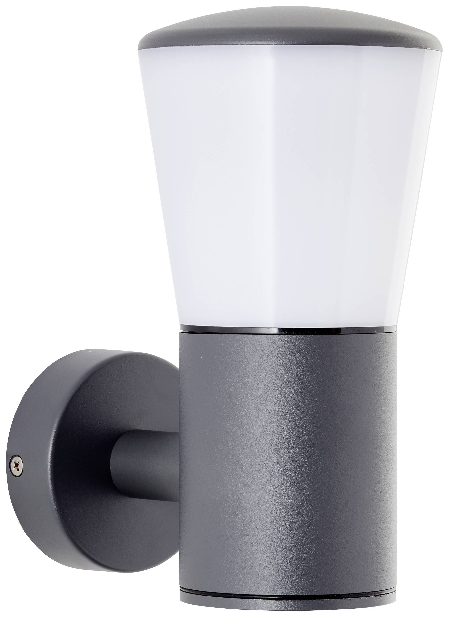 Wandlamp met zwarte behuizing en witte, conische diffuser voor buitenverlichting. Bevestigingsschroeven zijn zichtbaar.