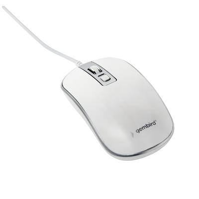 Witte computermuis op witte achtergrond. De muis heeft een scrollwiel en twee knoppen en draagt het 'gembird' logo op het oppervlak.