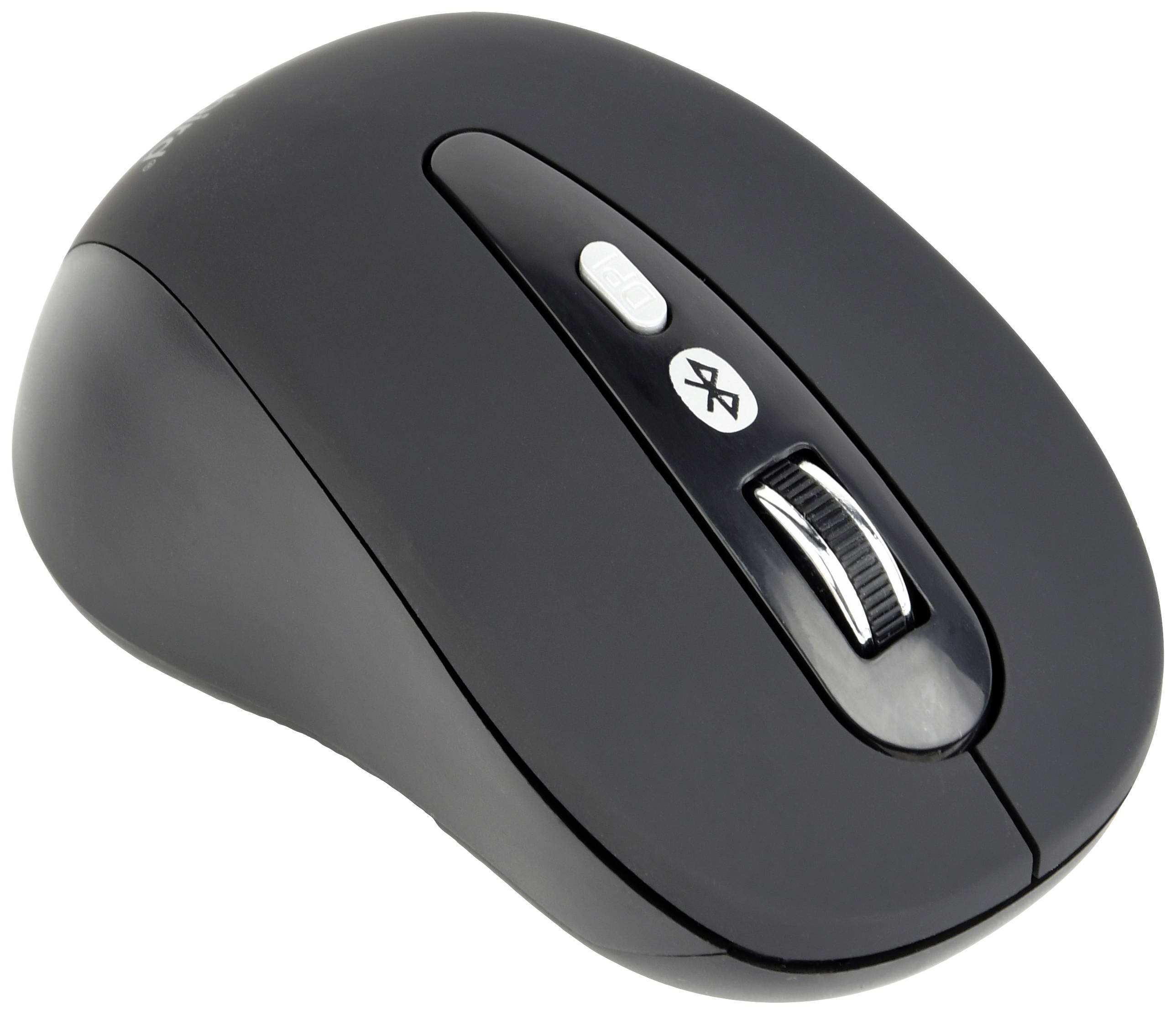 Draadloze zwarte computermuis met Bluetooth-knop en scrollwiel, op witte achtergrond.