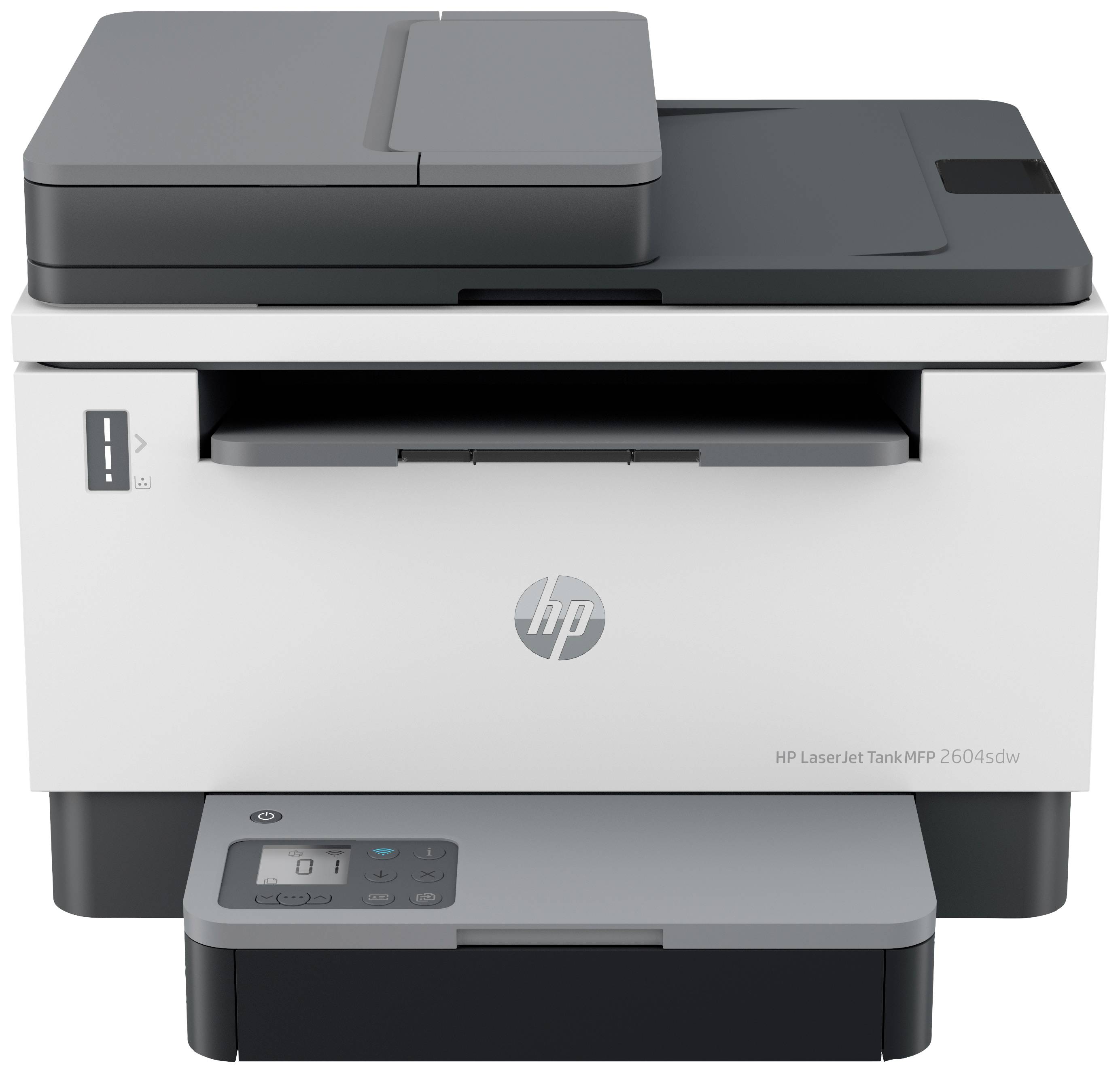 Een witte multifunctionele printer met grijze accenten en een display aan de voorkant.