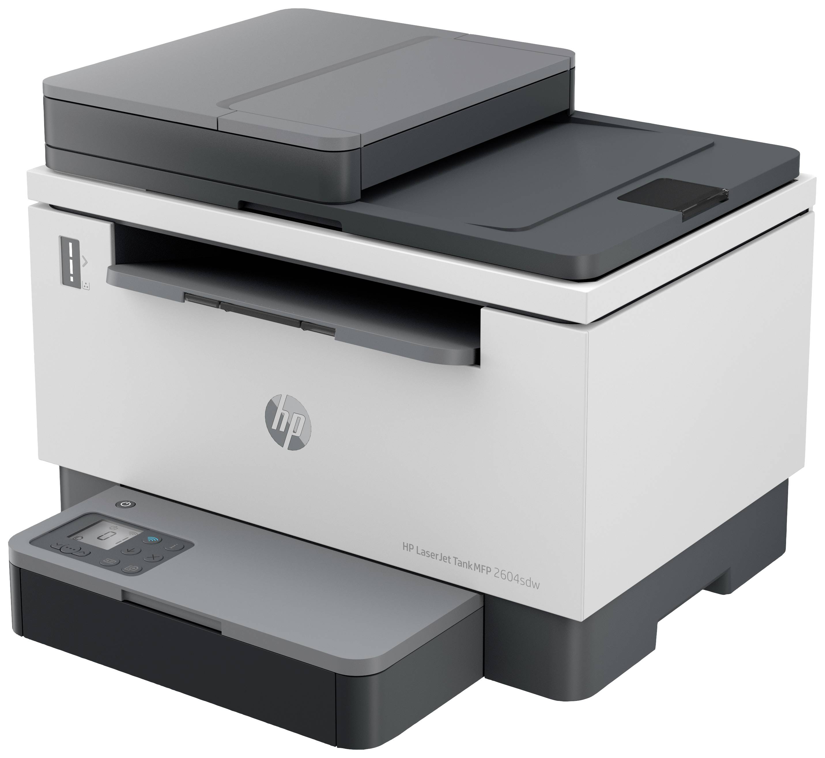 Een moderne multifunctionele printer met een zwart-wit behuizing en bedieningspaneel aan de voorkant, geschikt voor gebruik op kantoor of thuis.