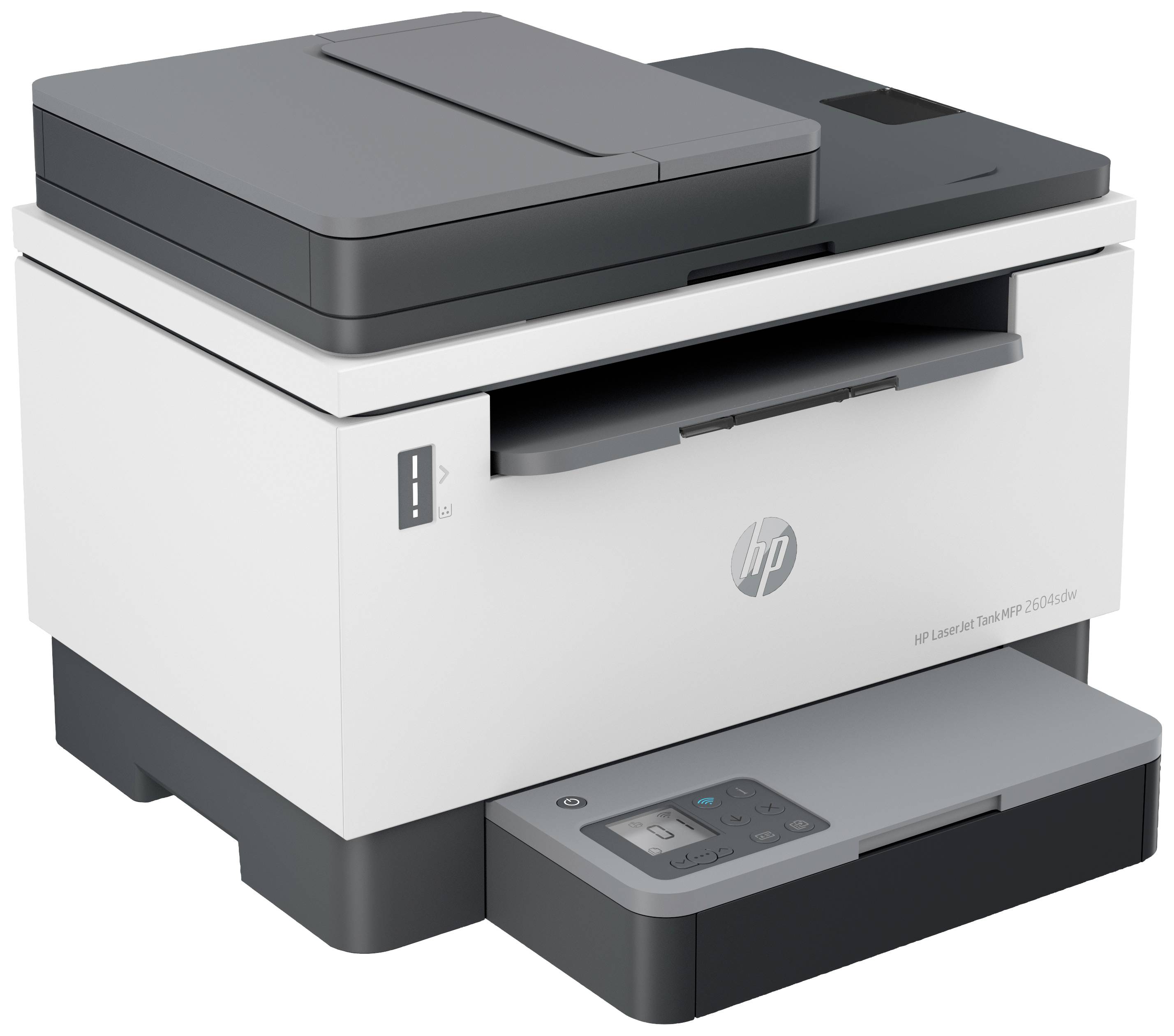 Een witte en grijze laserprinter met scanfunctie en een bedieningspaneel aan de voorkant.