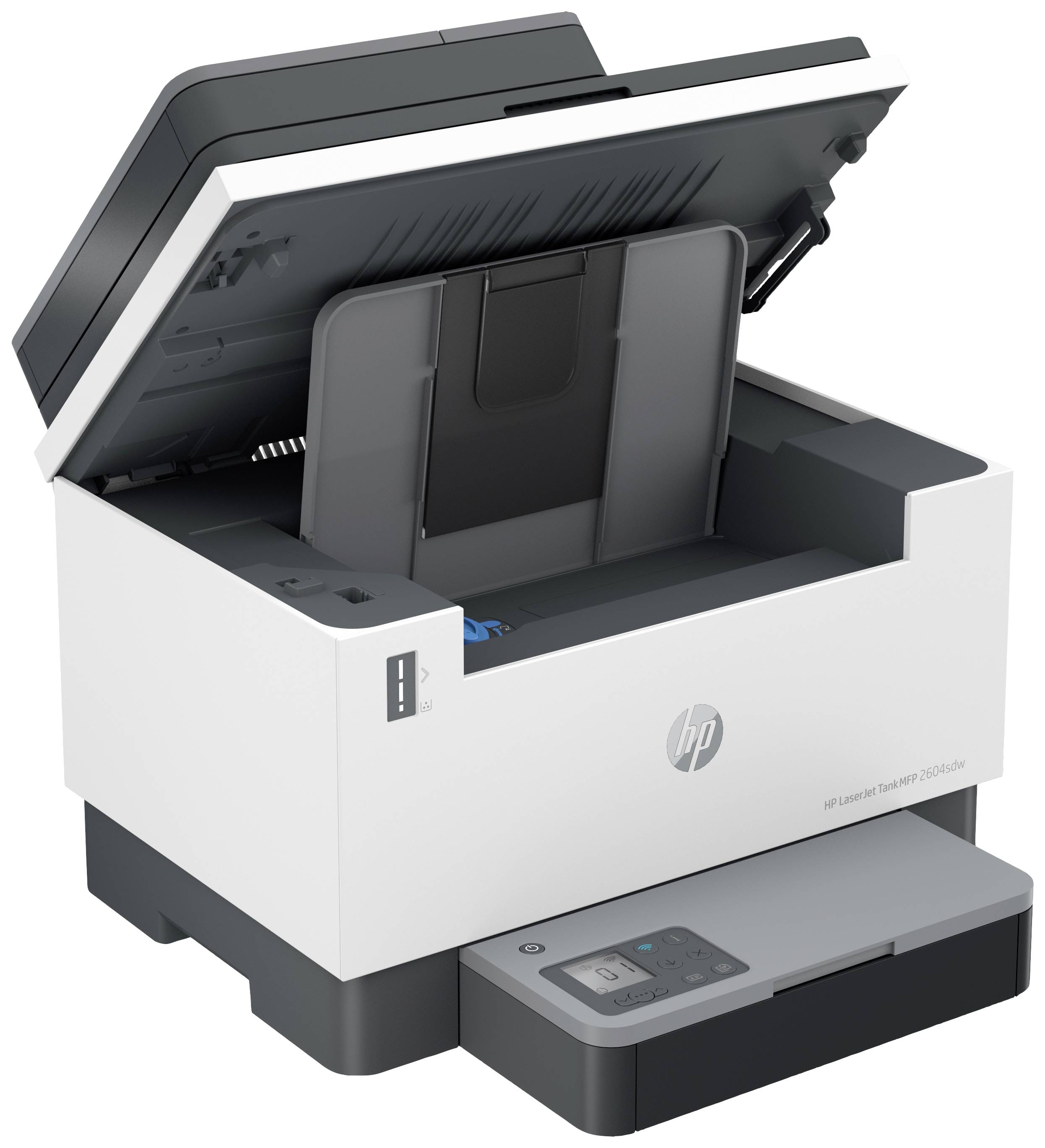 Printer met open scannerdeksel, zicht op papierlade en bedieningselementen, model: HP LaserJet Tank 2604dw.