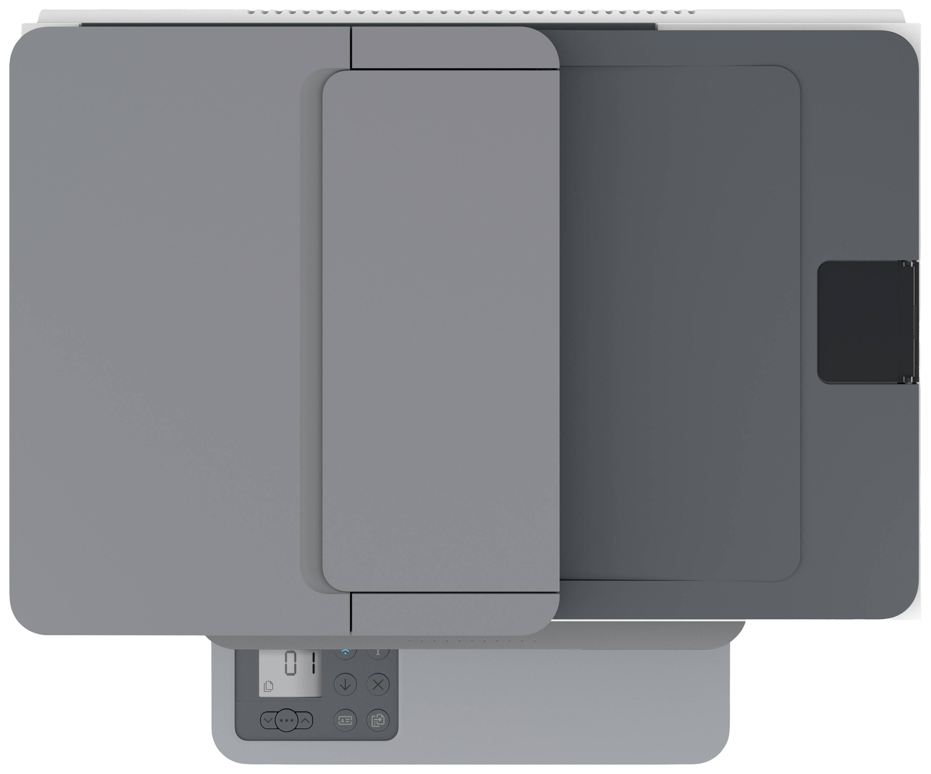 Bovenaanzicht van een moderne printer met scanner, grijze behuizing en bedieningspaneel linksonder met knoppen en display.