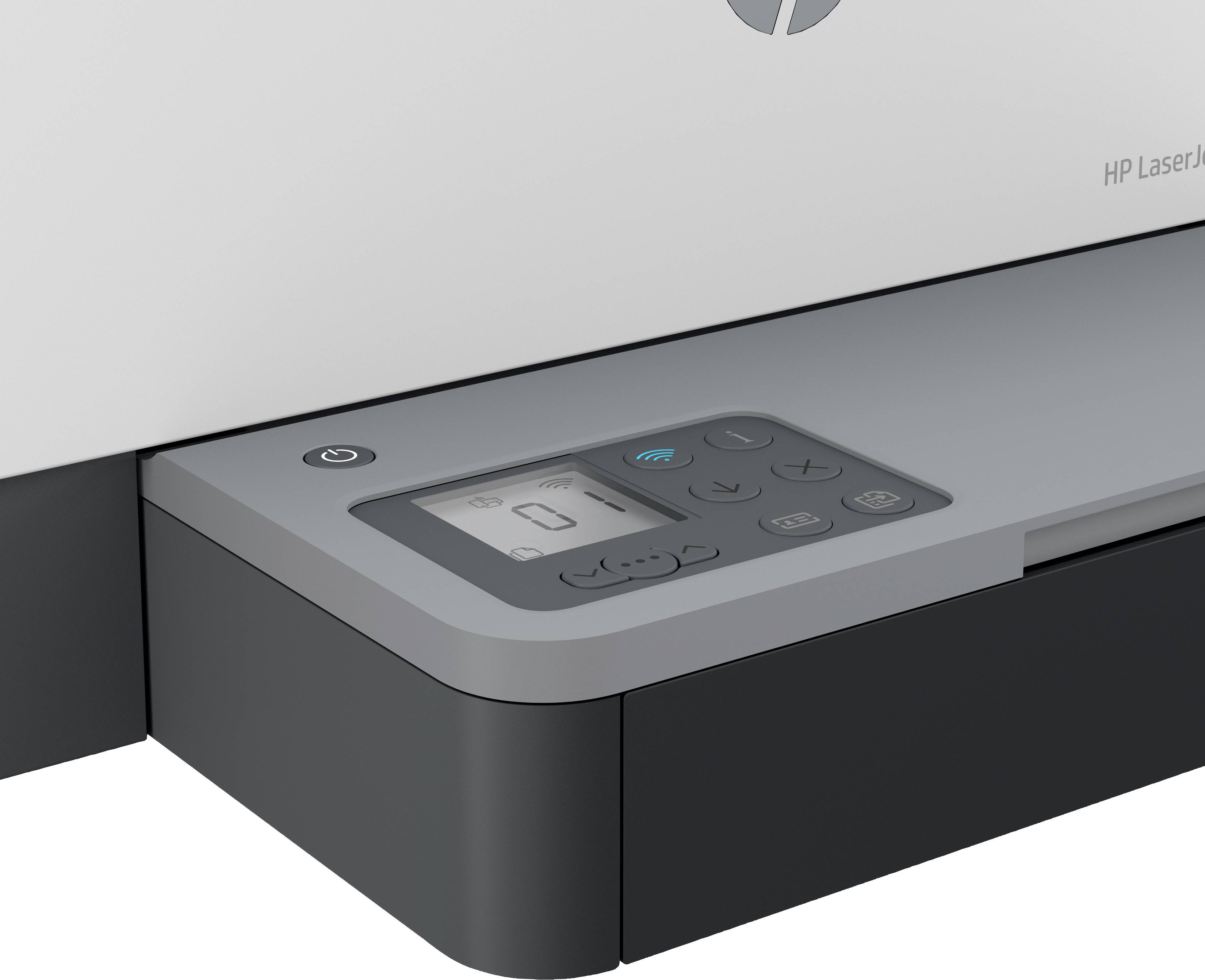 Een printer met bedieningspaneel en aan-/uitknop, met een klein display met statusweergaven en bedieningstoetsen.