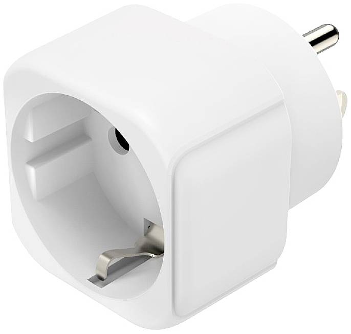 Een witte, vierkante EU-stekkeradapter met twee ronde pinnen en een aardingspen.