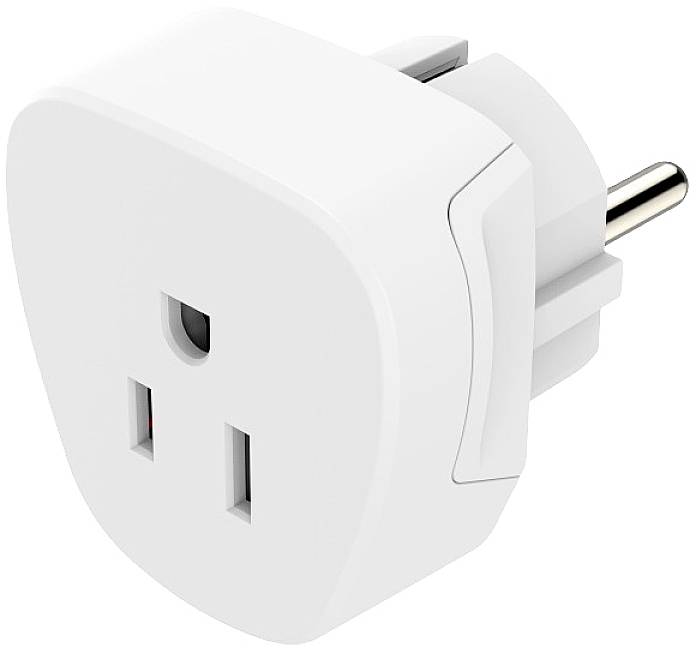 Een witte adapterstekker met twee stopcontactopeningen en een ronde aardingspen voor aansluiting op wandcontactdozen.