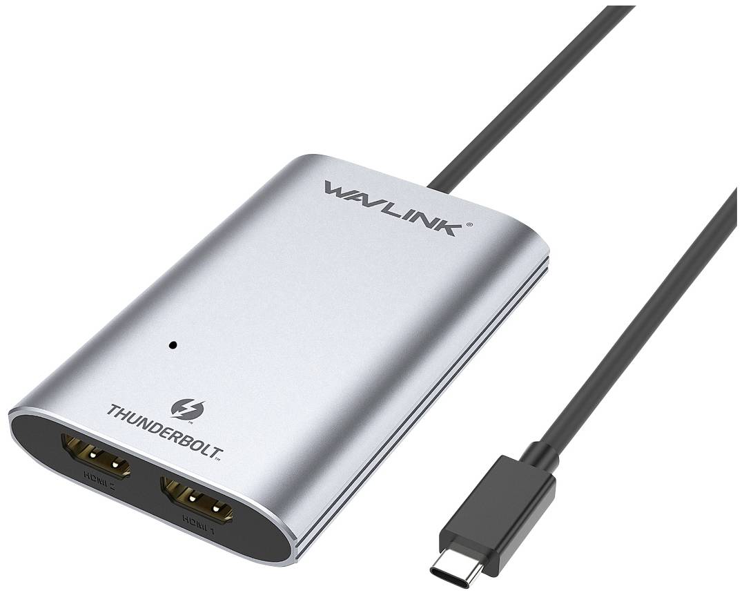 Wavlink Thunderbolt-naar-HDMI-adapter, zilverkleurige behuizing met twee HDMI-poorten, verbonden via een USB-C-kabel.