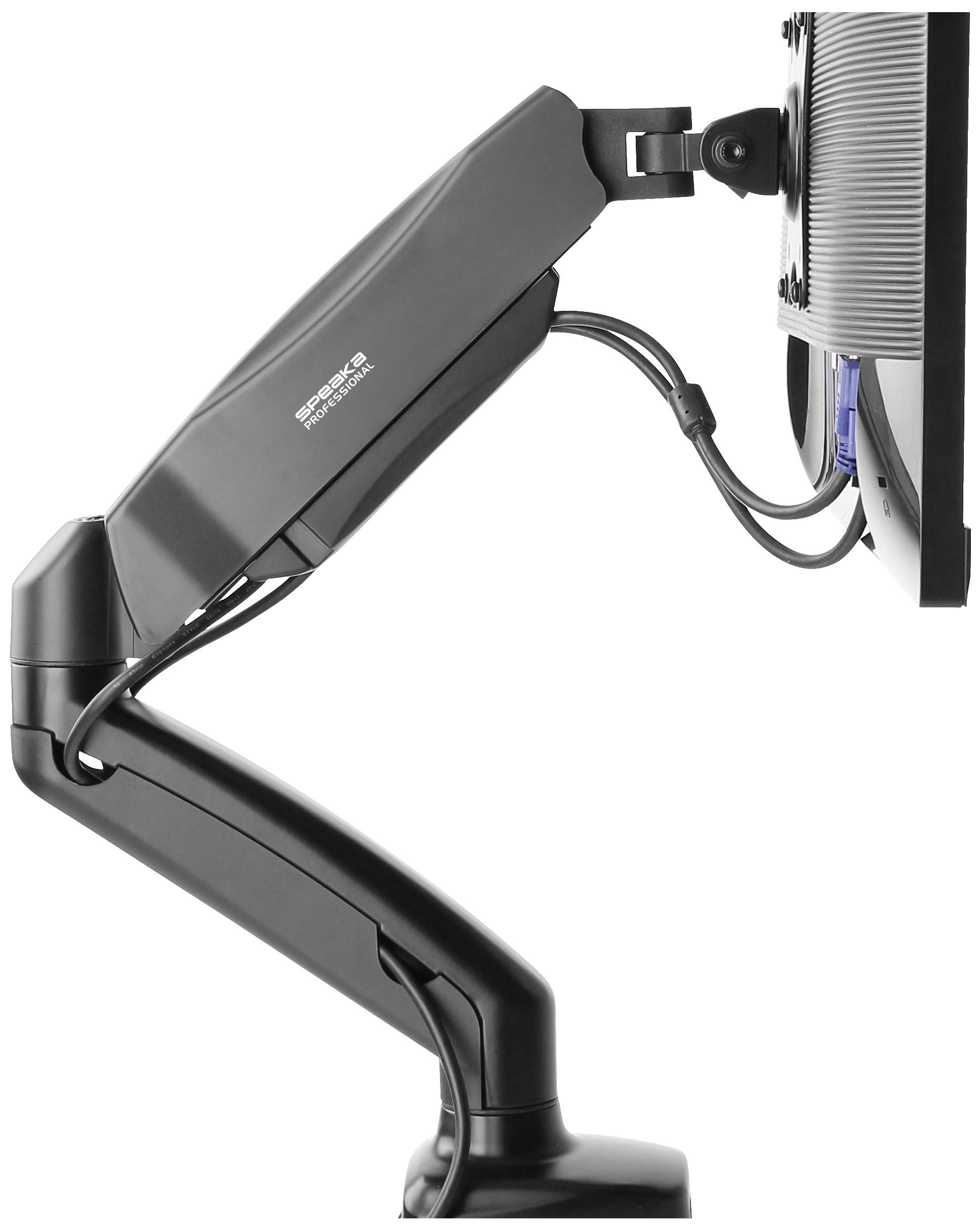 Een monitorarm houdt een plat beeldscherm zijdelings in de lucht, toont kabels en maakt flexibele beeldschermpositionering mogelijk.