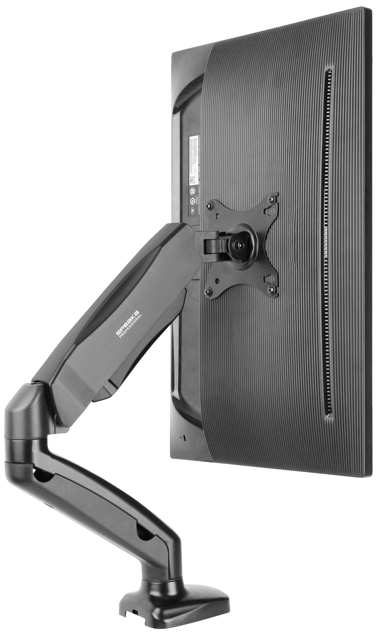 Een zwart breedbeeldscherm aan de zijkant gemonteerd op een verstelbare arm, geschikt voor ergonomische werkplekinstelling.