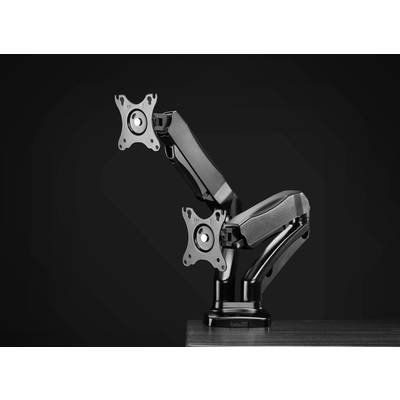 Zwarte metalen dual-monitorarm, gemonteerd op bureau, biedt flexibel zwenken en kantelen voor twee monitoren. Ideaal voor ergonomische werkplekken.